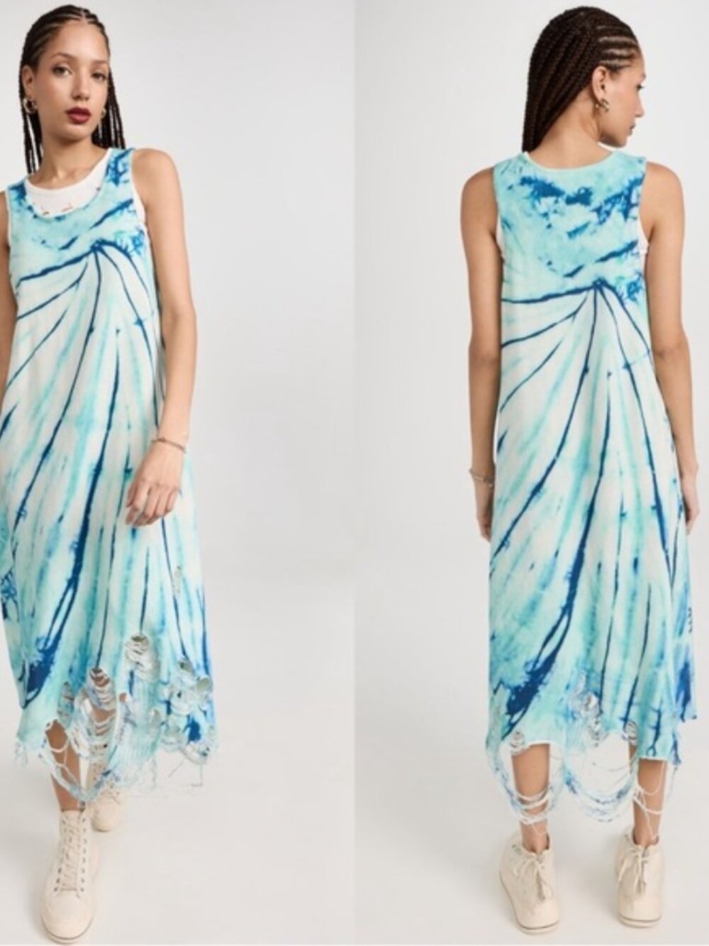 R13 Blue Tie Dye Destroyed French Terry Knit Tank midi Dress Punk Boho Sz Small